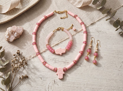 The Rose Hamsa Suite: Handcrafted Necklace, Bracelet & Drop Earrings Set