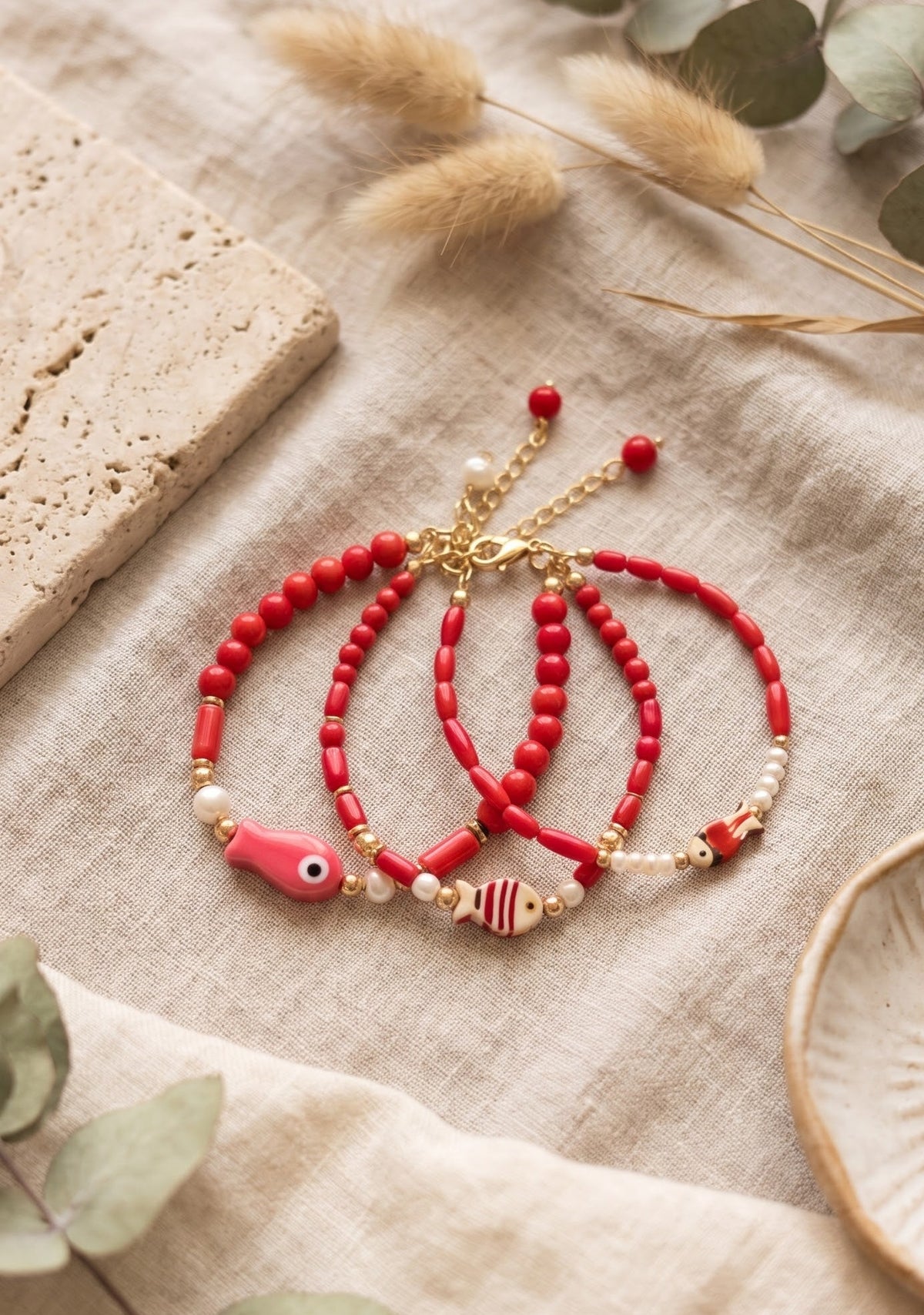 The Red Coral School: Layered Fish & Freshwater Pearl Bracelet Set