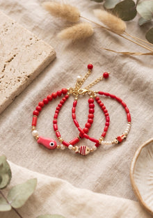 The Red Coral School: Layered Fish & Freshwater Pearl Bracelet Set