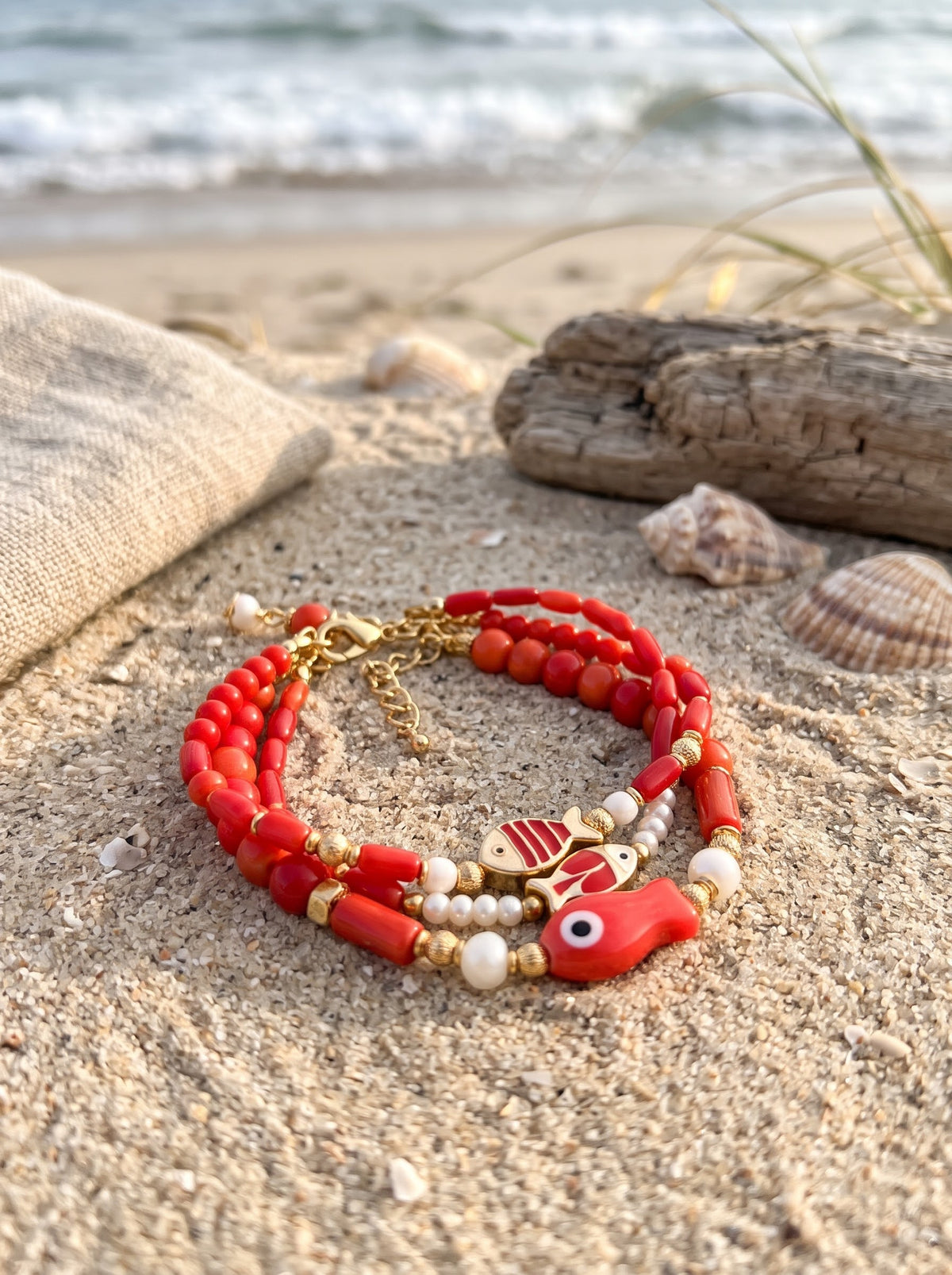 The Red Coral School: Layered Fish & Freshwater Pearl Bracelet Set