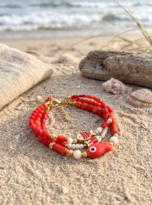 The Red Coral School: Layered Fish & Freshwater Pearl Bracelet Set